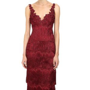 Marchesa Notte Burgundy fringe gown